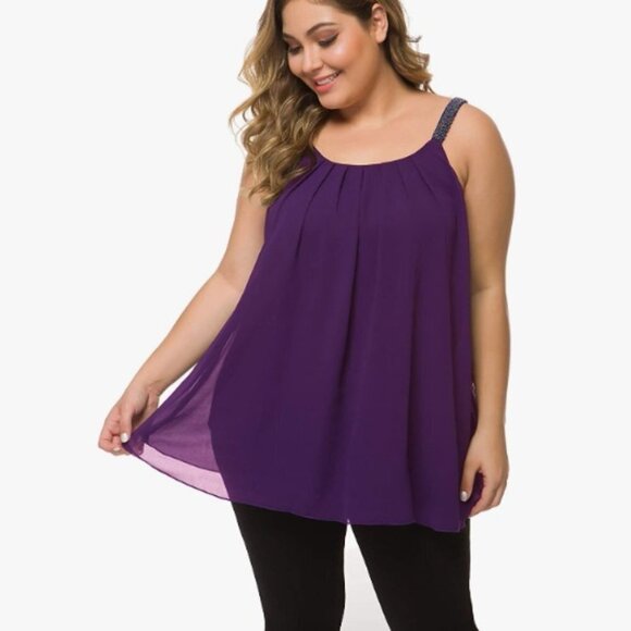 Plus Size Cami Casual Pleated Chiffon Tank Top with Beaded Strap, Purple 4XL - Picture 1 of 9